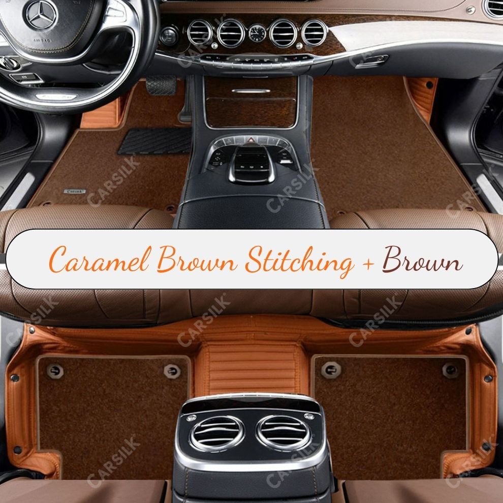 CARAMEL BROWN STRIPE BASE WITH BROWN TOP CARPET DOUBLE LAYER CAR MAT SET