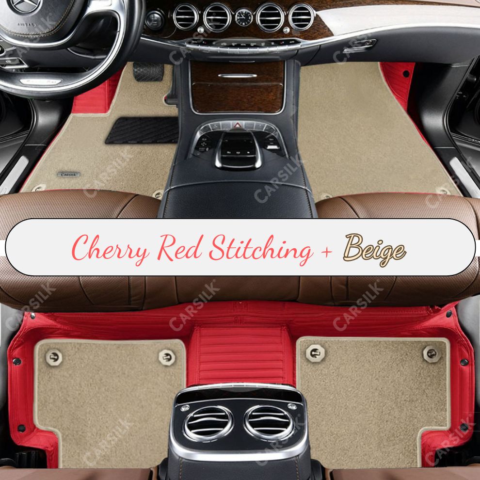 CHERRY RED STRIPE BASE WITH BEIGE TOP CARPET DOUBLE LAYER CAR MAT SET