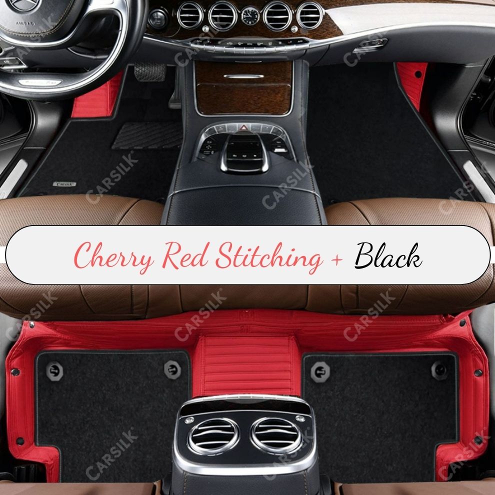 CHERRY RED STRIPE BASE WITH BLACK TOP CARPET DOUBLE LAYER CAR MAT SET