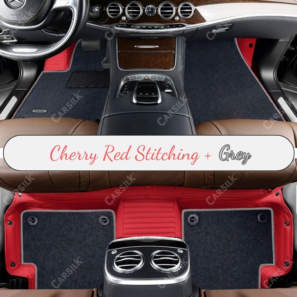 CHERRY RED STRIPE BASE WITH GRAY TOP CARPET DOUBLE LAYER CAR MAT SET