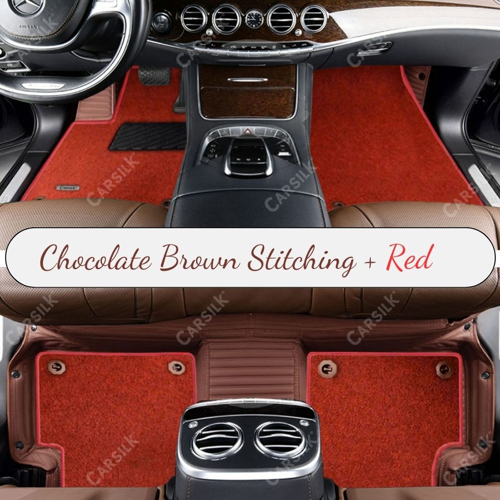 CHOCOLATE BROWN STRIPE BASE WITH RED TOP CARPET DOUBLE LAYER CAR MAT SET
