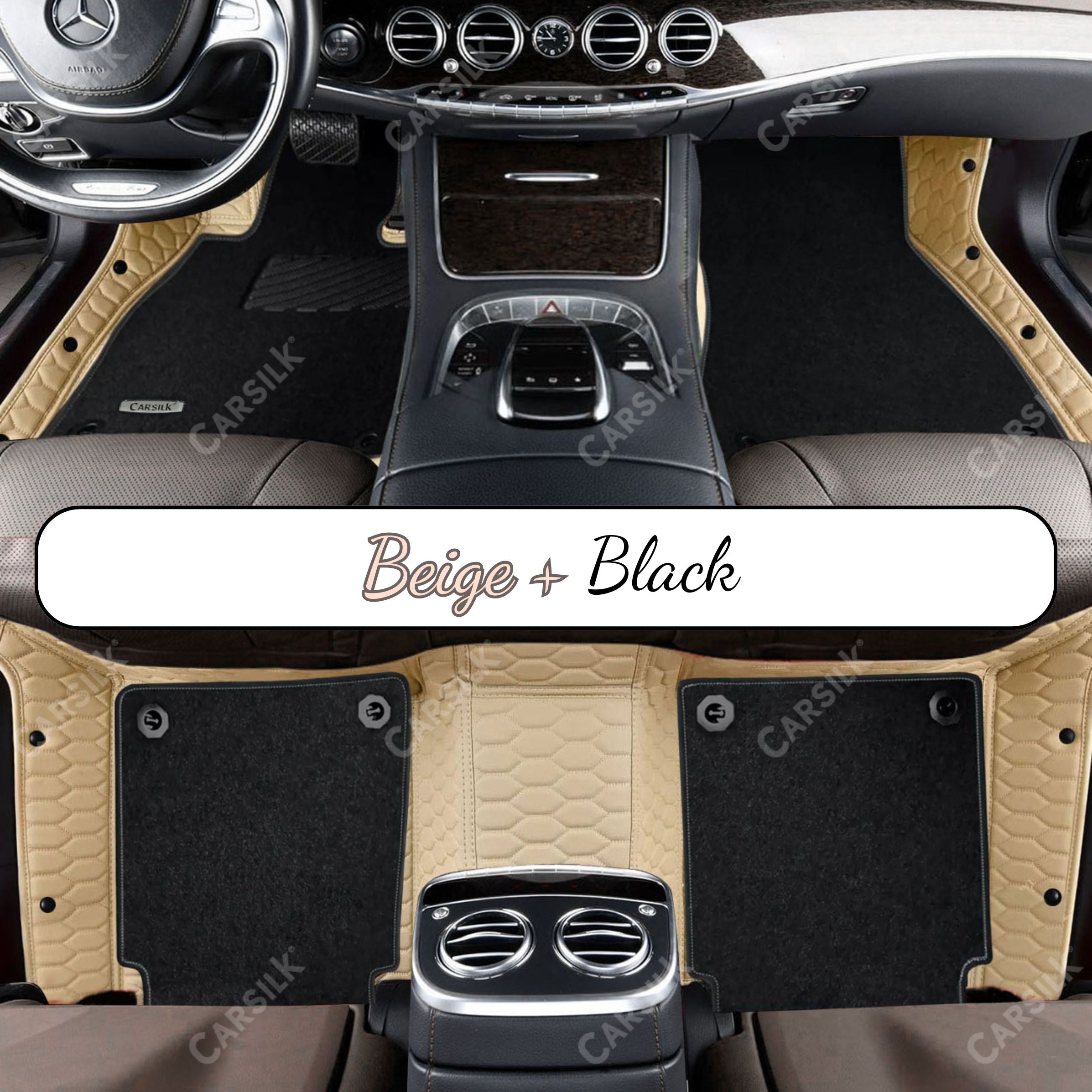 CREAM BEIGE HONEYCOMB BASE WITH BLACK TOP CARPET DOUBLE LAYER CAR MAT SET