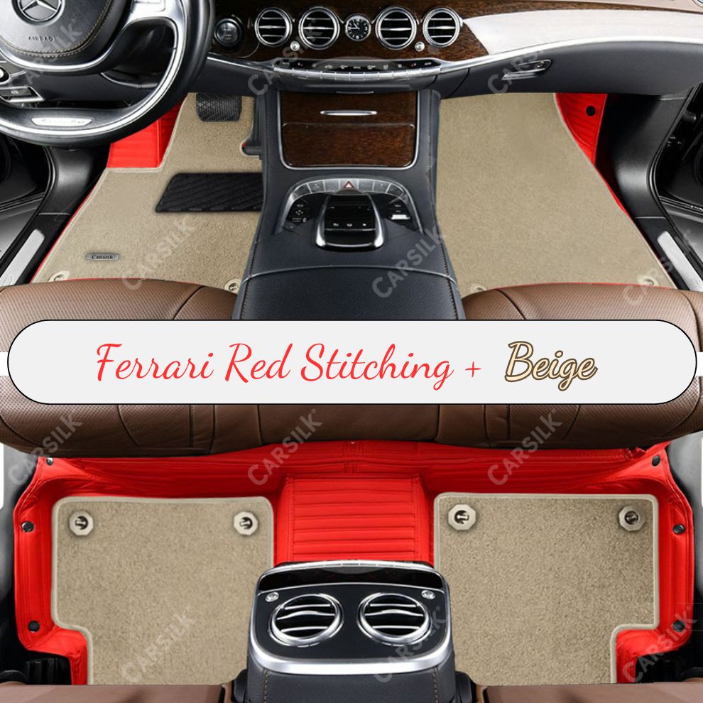 FERRARI RED STRIPE BASE WITH BEIGE TOP CARPET DOUBLE LAYER CAR MAT SET