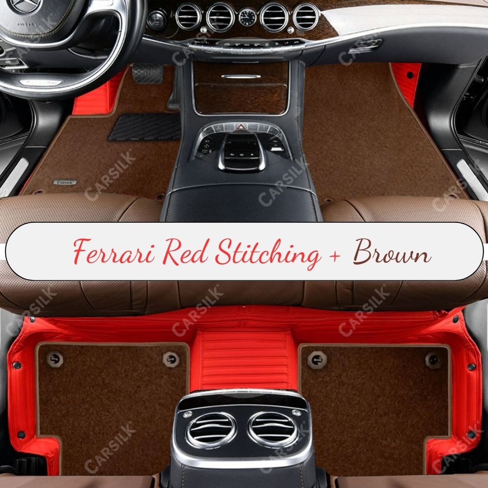 FERRARI RED STRIPE BASE WITH BROWN TOP CARPET DOUBLE LAYER CAR MAT SET