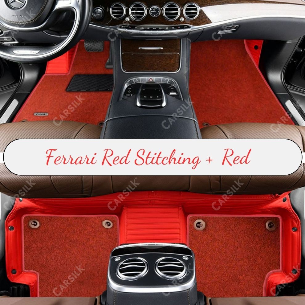 FERRARI RED STRIPE BASE WITH RED TOP CARPET DOUBLE LAYER CAR MAT SET