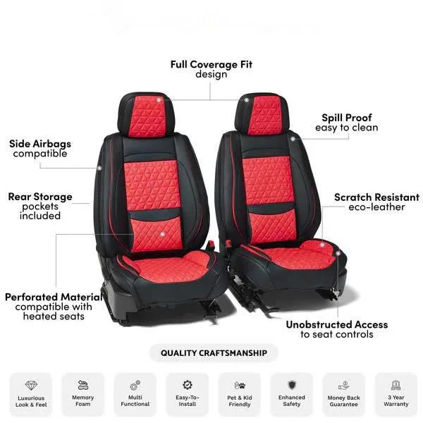Black & Red Breathable Waterproof Diamond Pattern Leather Seat Cover for Cars - Image 5