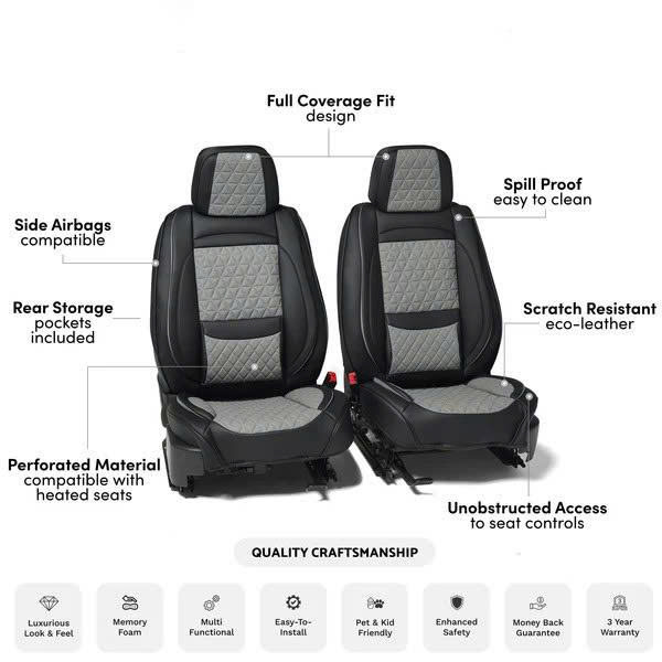 Black & Grey Breathable Waterproof Diamond Pattern Leather Seat Cover for Cars - Image 6